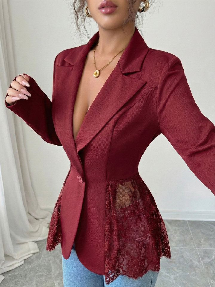 New Arrival Spring 2026 Women Blazer Color Block Design with Lace Waist Detail Slim Fit A-Line Formal Suit Coat Elegant Office Formal Outfit for White Collar Ladies