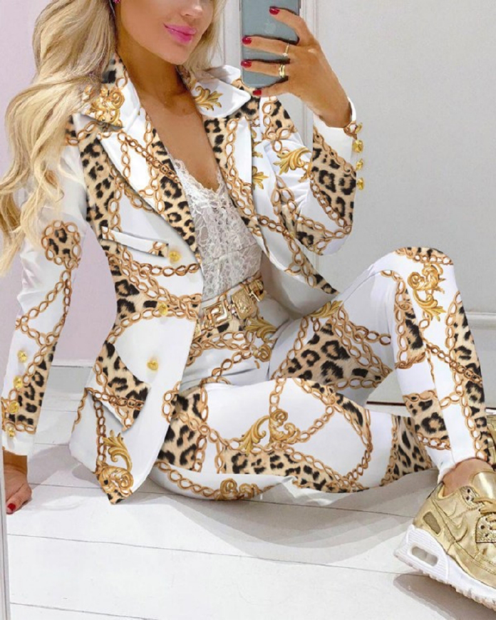 High-end Stylish Apparel Hot Selling in Africa Women's 2-Piece Suit Set Unique Printed Blazer Outerwear & Formal Long Trousers Fashion Professional Business Outfit for Office Ladies