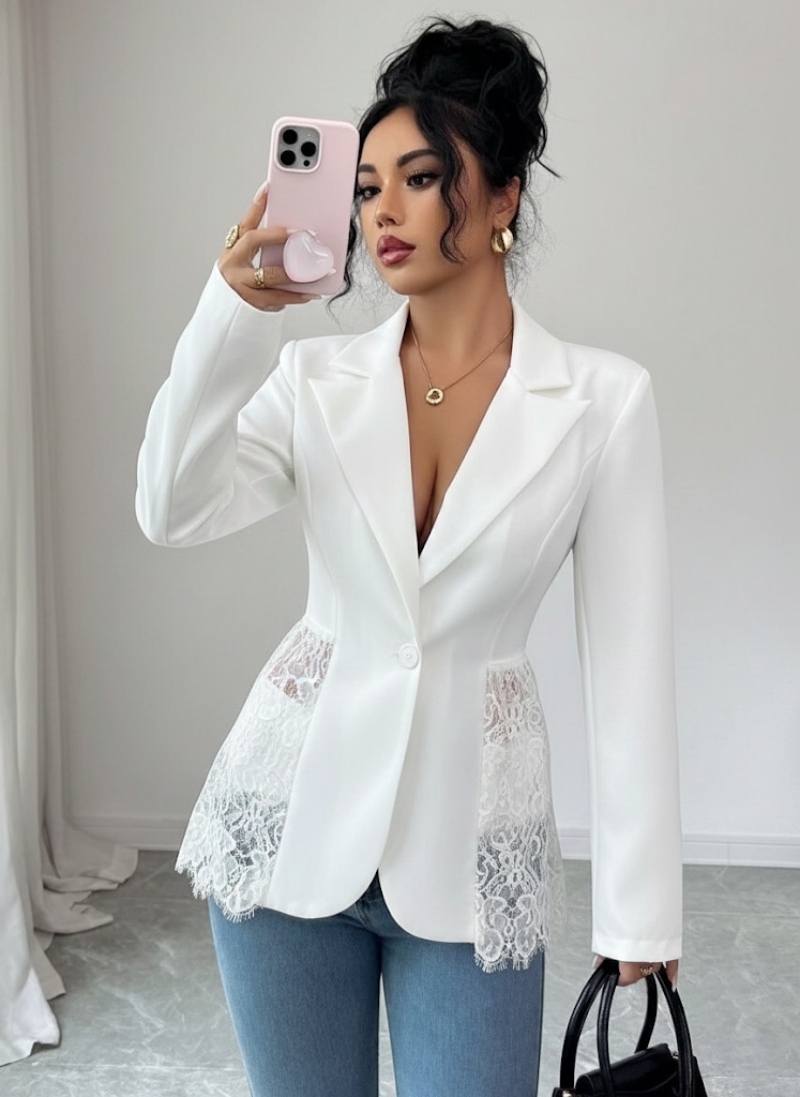New Arrival Spring 2026 Women Blazer Color Block Design with Lace Waist Detail Slim Fit A-Line Formal Suit Coat Elegant Office Formal Outfit for White Collar Ladies