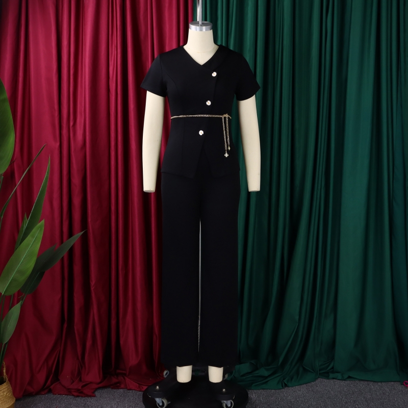 Hot Selling in Africa Elegant Summer Two Piece Outfit for Office Ladies Button Design Casual Short Sleeve Top with Matching Trousers Formal Business Professional White Collar Work Suit