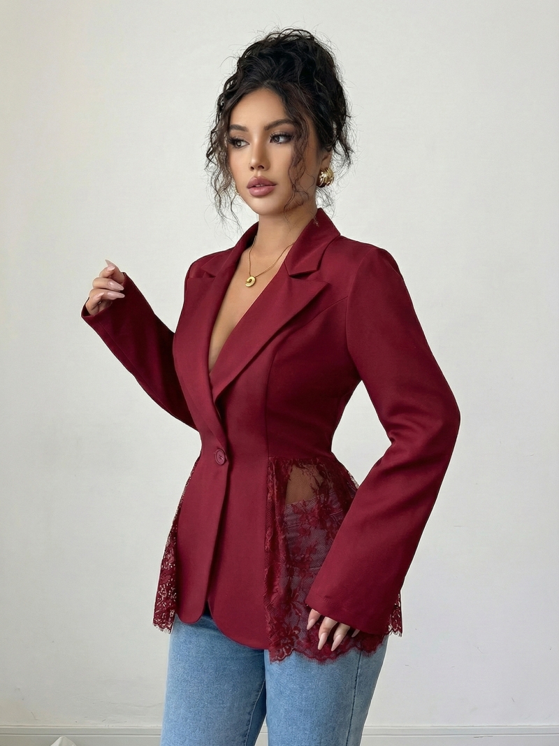 New Arrival Spring 2026 Women Blazer Color Block Design with Lace Waist Detail Slim Fit A-Line Formal Suit Coat Elegant Office Formal Outfit for White Collar Ladies