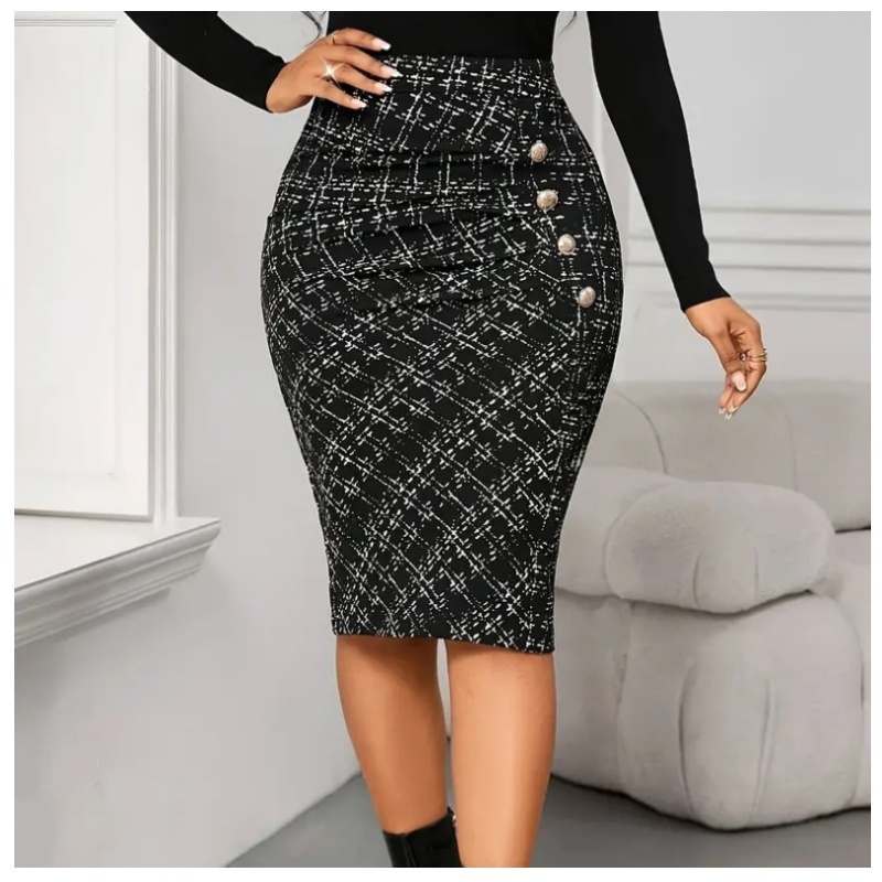 Hot Sale 2026 New Arrival Women's Stylish Elegant Utility Style Pleated Metal Button Detail Slim Fit Bodycon Pencil Skirt White Collar Office Lady Business Commuter Work Wear