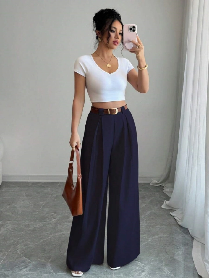 Hot Sale African Popular New Arrival Women's Solid Color High Waist Drapey Wide Leg Pants Loose Fit Flattering Versatile Casual Suit Pants Straight Leg Office Lady Business Commuter Work Wear