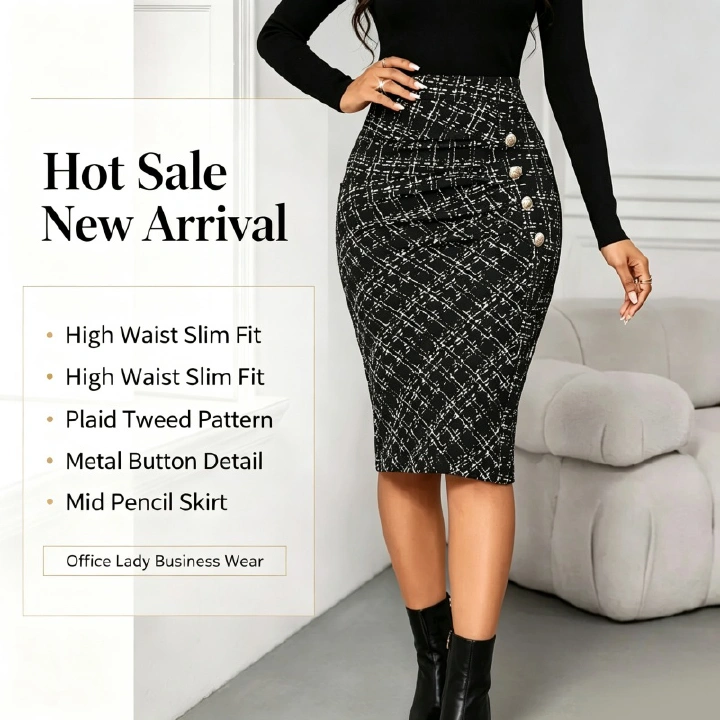 Hot Sale 2026 New Arrival Women's Stylish Elegant Utility Style Pleated Metal Button Detail Slim Fit Bodycon Pencil Skirt White Collar Office Lady Business Commuter Work Wear