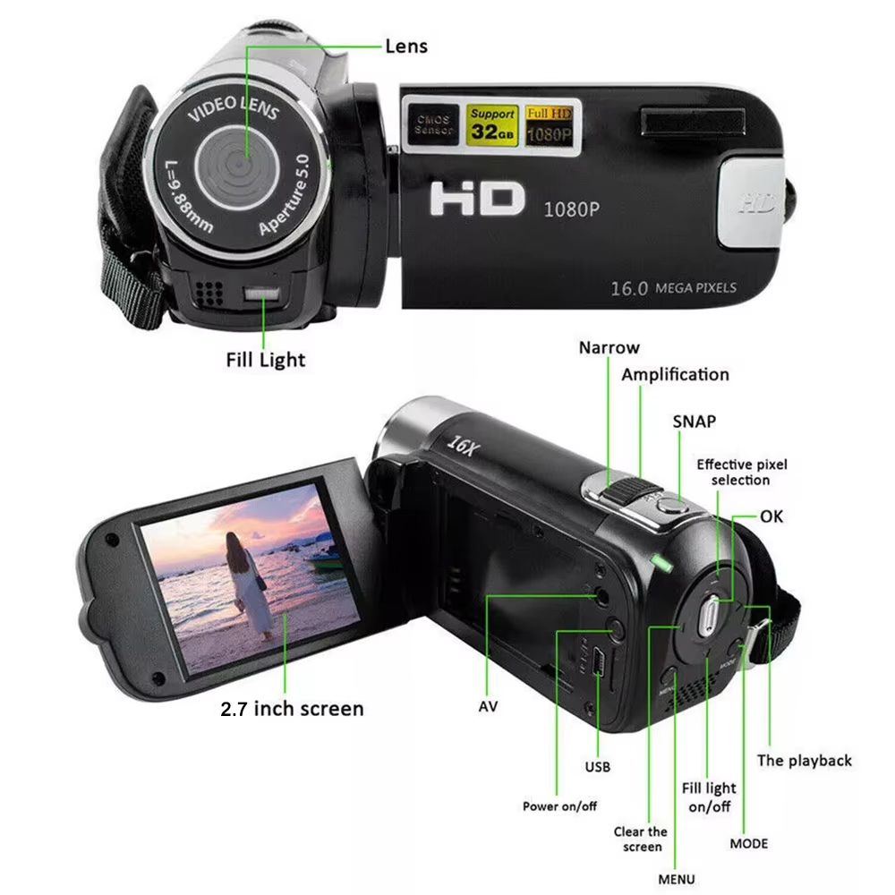 1080P 16MP Digital Camera 2.7 Inch Rotatable Screen Camcorder with USB Cable 16X Zoom HD Video Recorder With Fill Light New