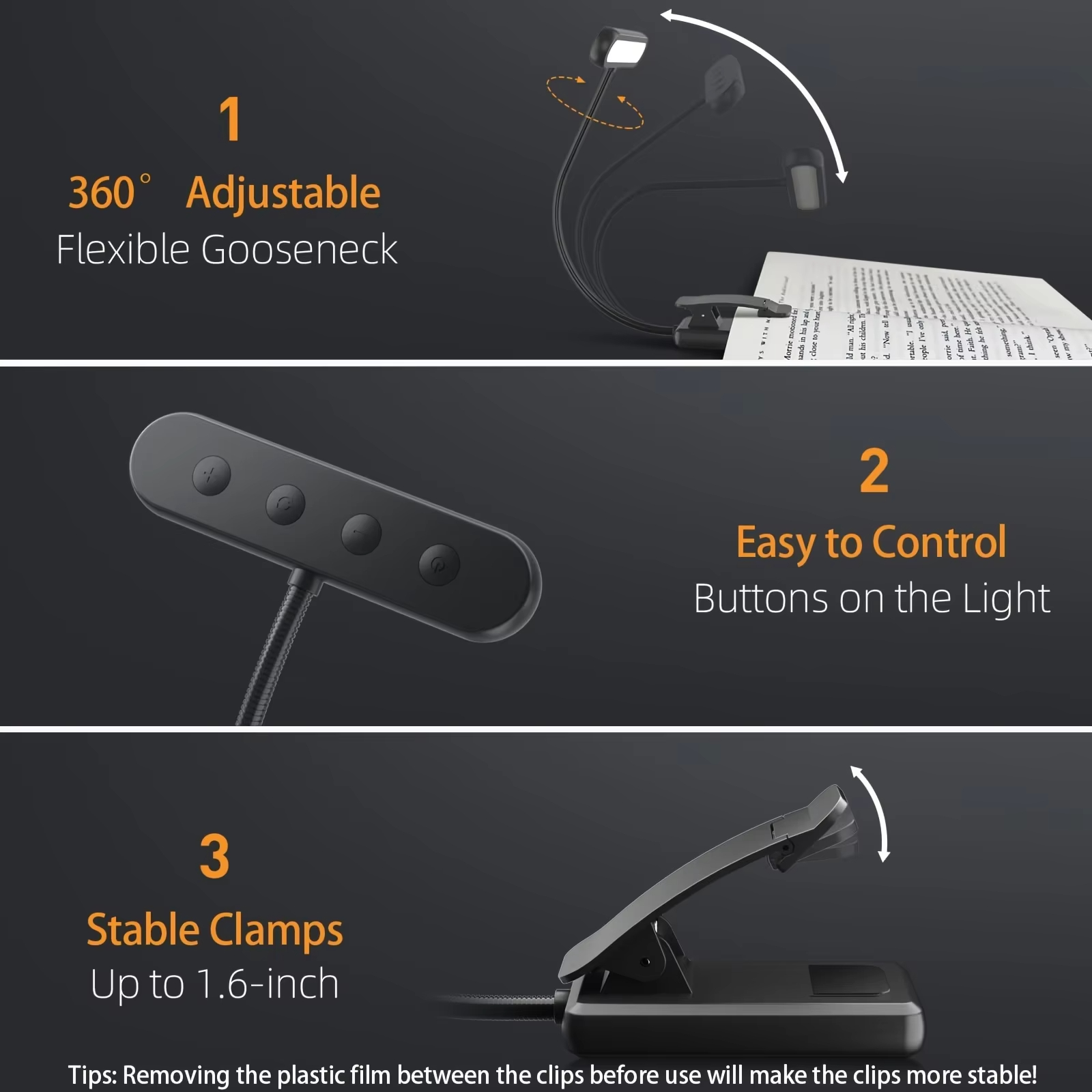 Double Row Lamp Beads Led Reading Light Rotating Lamp Holder Eye Protection Book Light TYPE-C Charging Clip Light