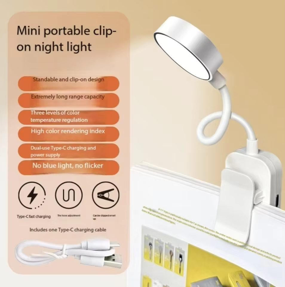 Folding Mini Clip Book Lamp USB Rechargeable LED Night Light 3 Modes Eye Protection Stepless Dimmable Flexible Bedroom Reading
