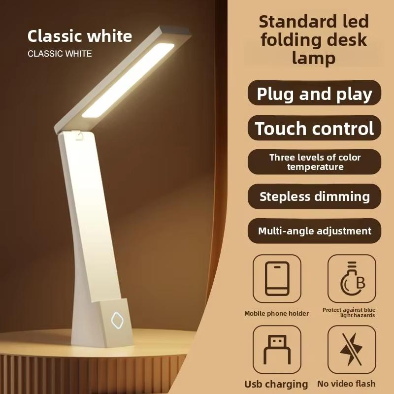 ShinyYing Eye-Care LED Desk Lamp, Rechargeable & Plug-in Foldable Reading Light with Control, 3 Color Temps & Phone Holder