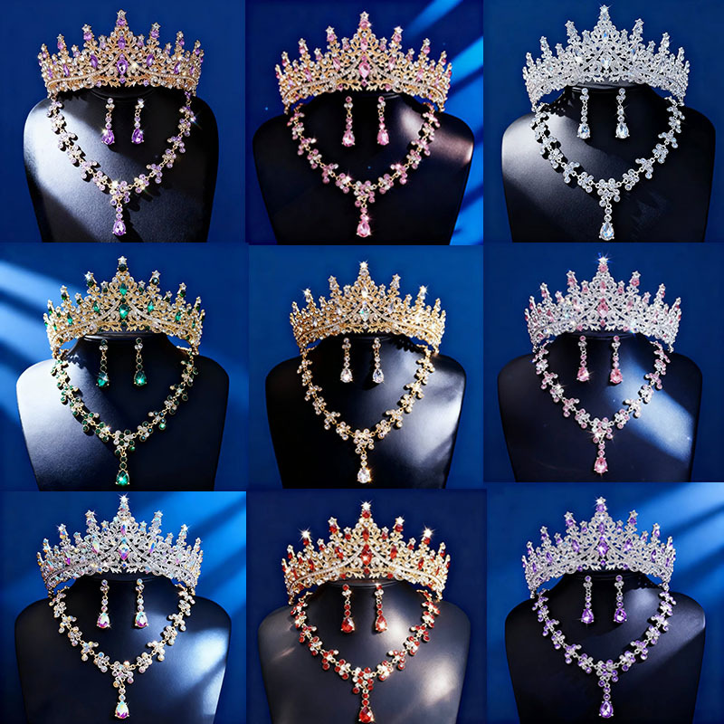 Popular in Africa High Quality 3-Piece Bridal Tiara Set Wedding Crown Necklace Earrings Stage Hair Accessories for Wedding Birthday Party Bridal Dress Ornaments Best Seller