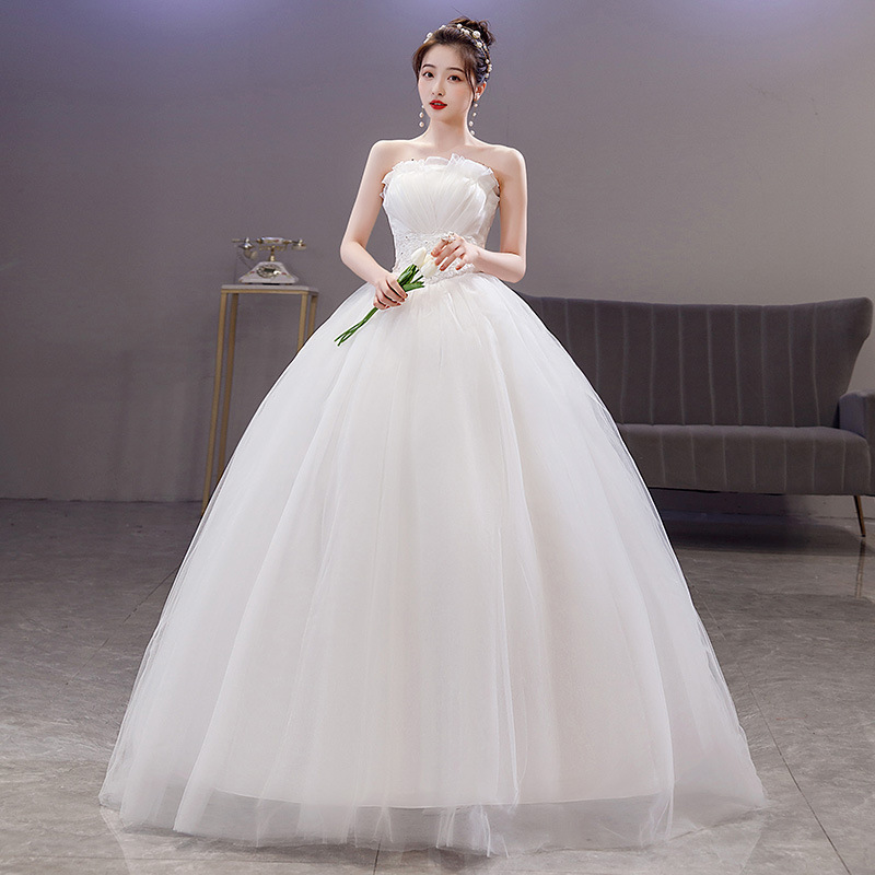 French Style White Satin Strapless Light Wedding Dress New Minimalist Elegant Bridal Gown Fitted Waist Slimming Design with Moderate Length Forest Style for Wedding & Travel Photoshoot