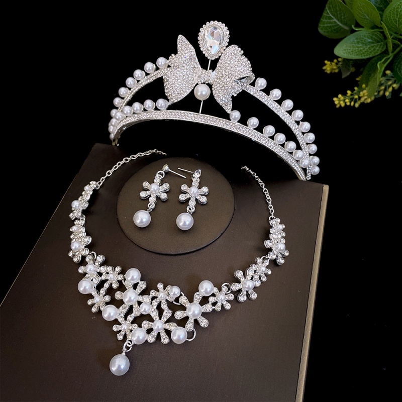 European & American Bestseller High Quality 3-Piece Bridal Tiara Set Faux Pearl Wedding Crown Hair Accessories Korean Dreamy Elegant Necklace & Earrings for Wedding Dress