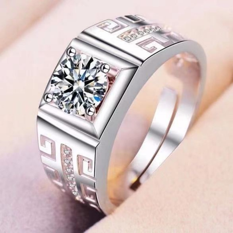 High-end Wedding Couple Open Band Rings 1 Carat Cubic Zirconia & Simulated Moissanite Six-Prong Adjustable Silver Promise Ring for Women