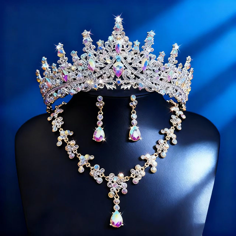 Popular in Africa High Quality 3-Piece Bridal Tiara Set Wedding Crown Necklace Earrings Stage Hair Accessories for Wedding Birthday Party Bridal Dress Ornaments Best Seller