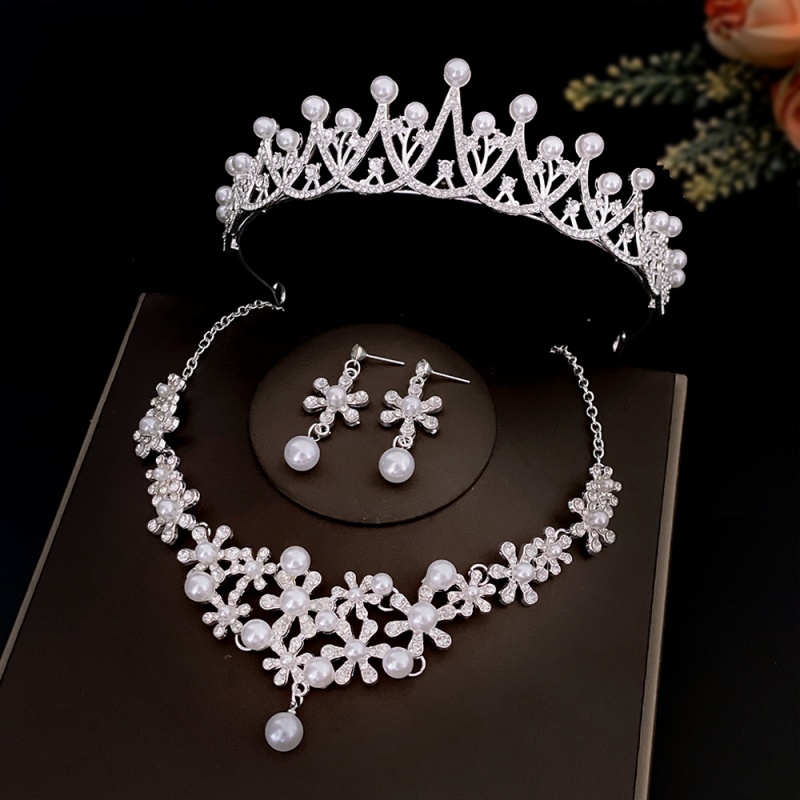 European & American Bestseller High Quality 3-Piece Bridal Tiara Set Faux Pearl Wedding Crown Hair Accessories Korean Dreamy Elegant Necklace & Earrings for Wedding Dress