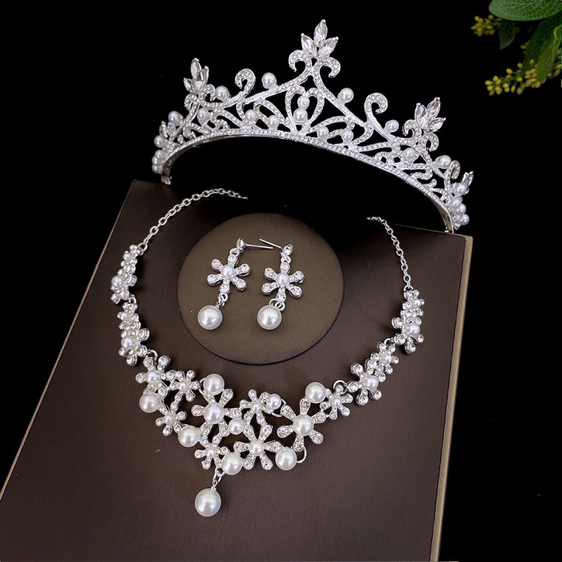 European & American Bestseller High Quality 3-Piece Bridal Tiara Set Faux Pearl Wedding Crown Hair Accessories Korean Dreamy Elegant Necklace & Earrings for Wedding Dress