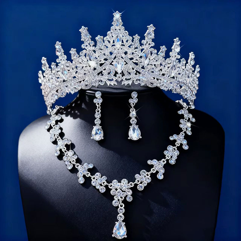 Popular in Africa High Quality 3-Piece Bridal Tiara Set Wedding Crown Necklace Earrings Stage Hair Accessories for Wedding Birthday Party Bridal Dress Ornaments Best Seller
