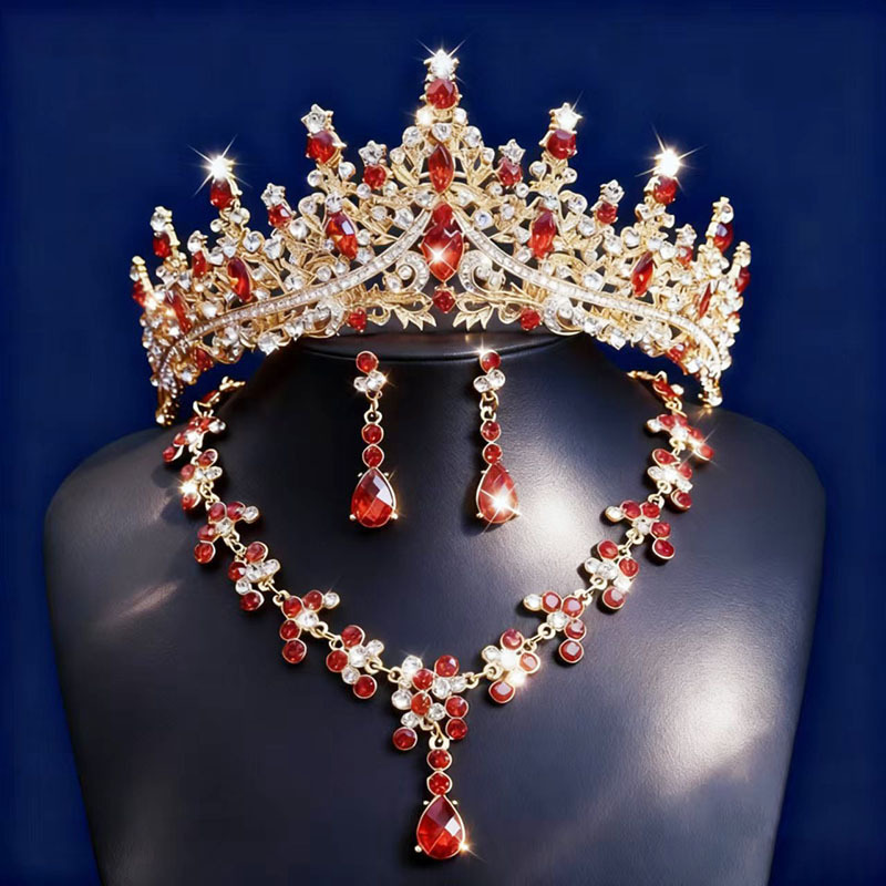 Popular in Africa High Quality 3-Piece Bridal Tiara Set Wedding Crown Necklace Earrings Stage Hair Accessories for Wedding Birthday Party Bridal Dress Ornaments Best Seller