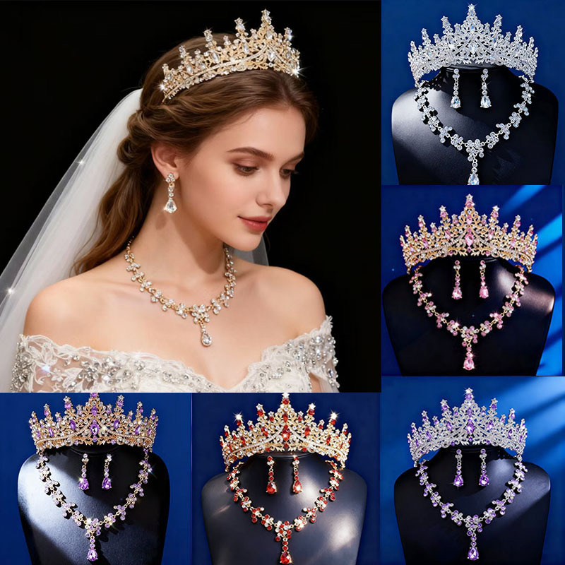Popular in Africa High Quality 3-Piece Bridal Tiara Set Wedding Crown Necklace Earrings Stage Hair Accessories for Wedding Birthday Party Bridal Dress Ornaments Best Seller