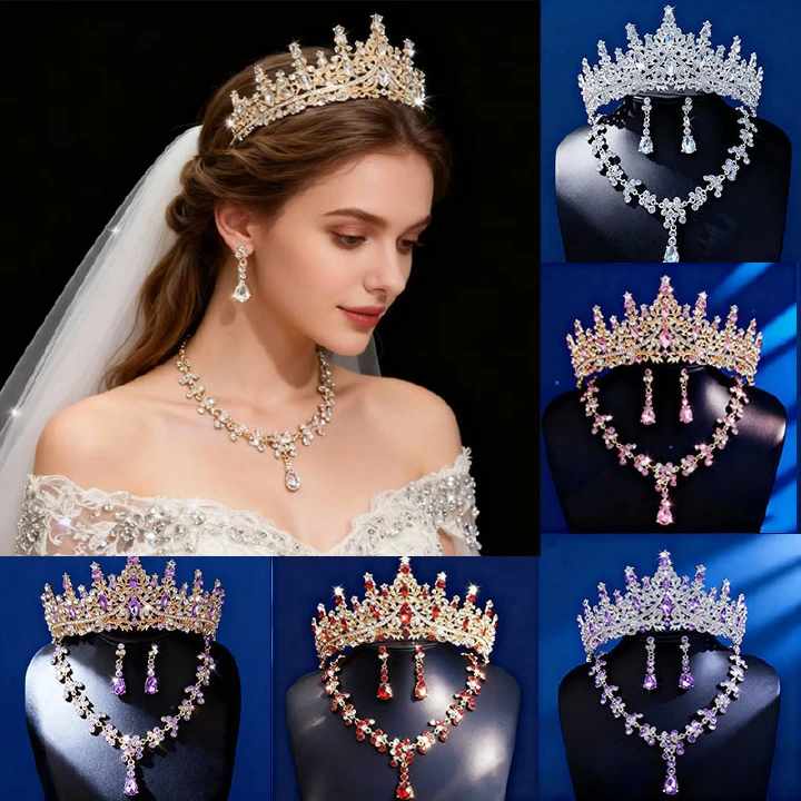 Popular in Africa High Quality 3-Piece Bridal Tiara Set Wedding Crown Necklace Earrings Stage Hair Accessories for Wedding Birthday Party Bridal Dress Ornaments Best Seller