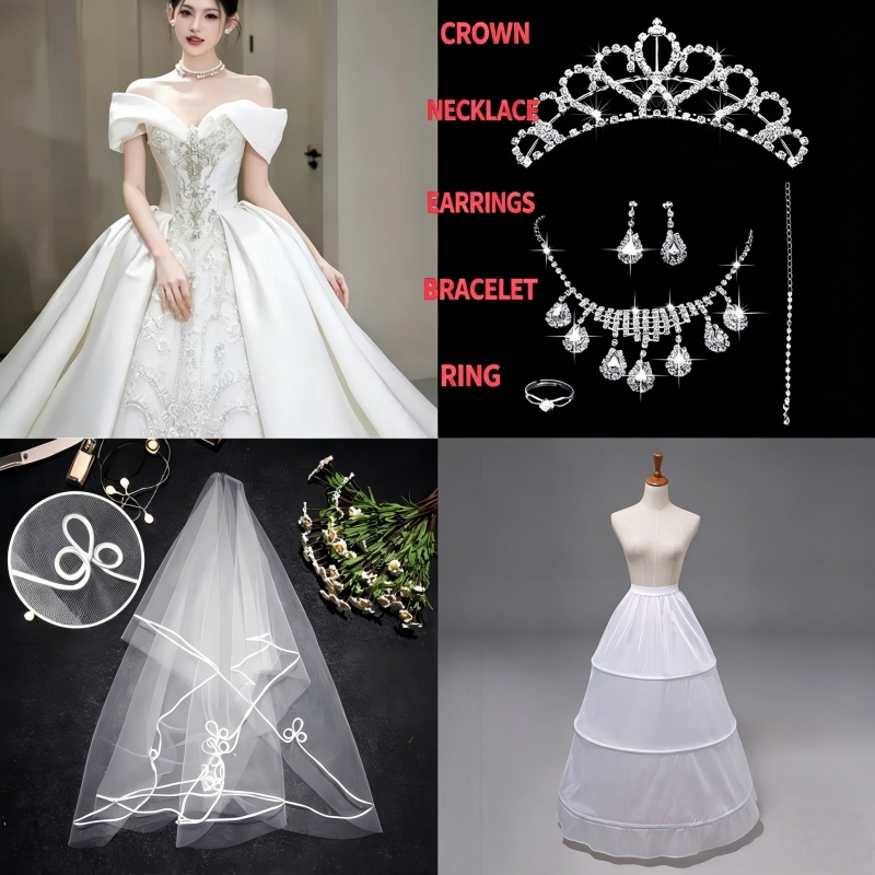 New Arrival French Style Plus Size Satin Wedding Dress Set Off-the-Shoulder Heavy Embellished Luxury Main Gown with Veil & Crown Classic Design Premium Texture for Petite Brides Elegant & Graceful
