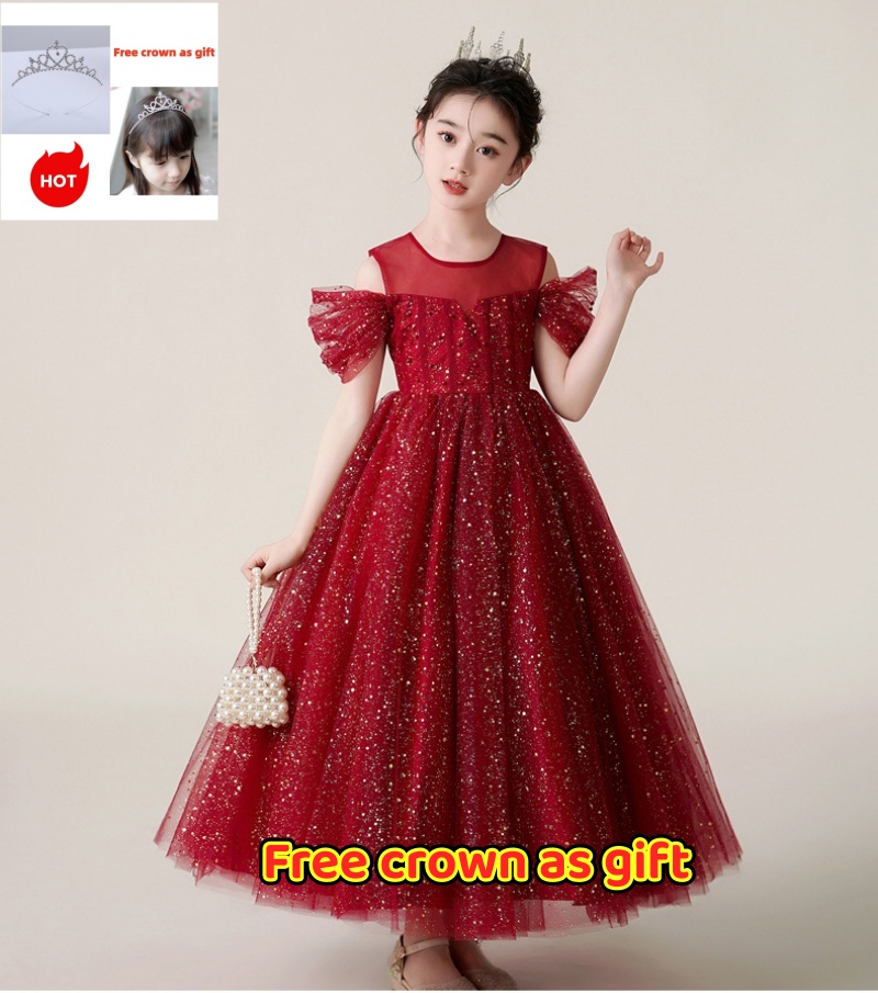 High Level High-end Sparkly Tulle Flower Girl Dress – Luxury Wedding Gown for Girls with FREE Tiara Crown Shiny Sequin Maxi Dress for Kids Party & Performance Free Crown Gift Included