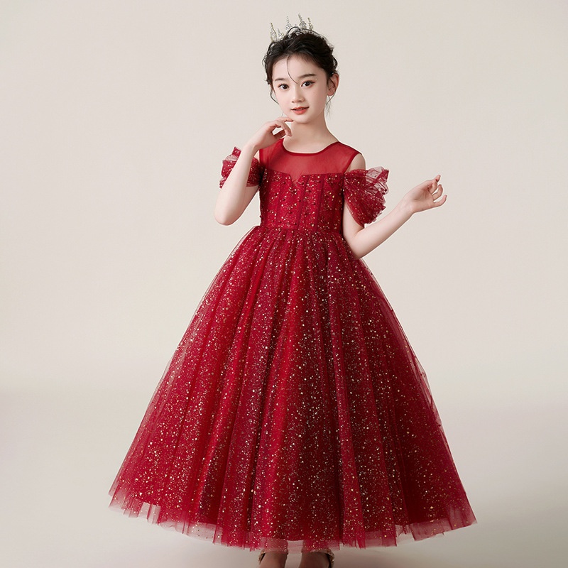 High Level High-end Sparkly Tulle Flower Girl Dress – Luxury Wedding Gown for Girls with FREE Tiara Crown Shiny Sequin Maxi Dress for Kids Party & Performance Free Crown Gift Included
