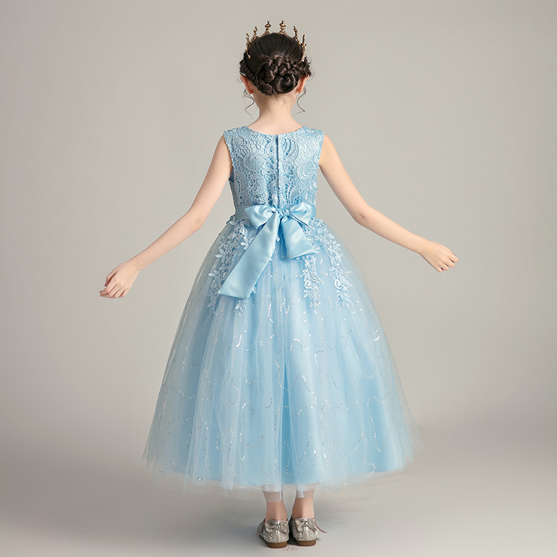 Hot Selling Summer Girls' Lace Princess Dress Puffy Flower Girl Wedding & Performance Gown with Kids Crown Accessory Elegant Versatile Outfit for Big Kids 3-12 Years