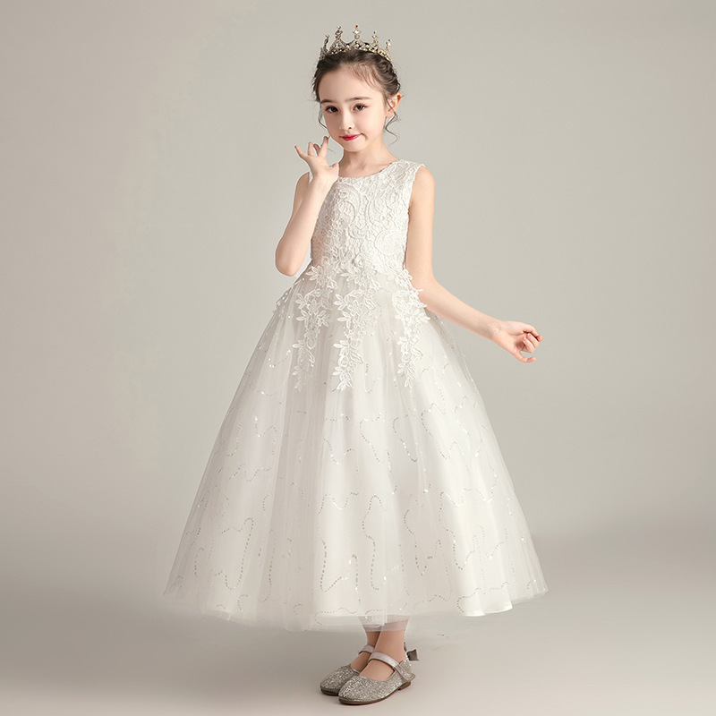 Hot Selling Summer Girls' Lace Princess Dress Puffy Flower Girl Wedding & Performance Gown with Kids Crown Accessory Elegant Versatile Outfit for Big Kids 3-12 Years