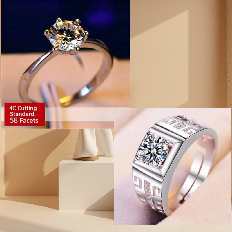 High-end Wedding Couple Open Band Rings 1 Carat Cubic Zirconia & Simulated Moissanite Six-Prong Adjustable Silver Promise Ring for Women