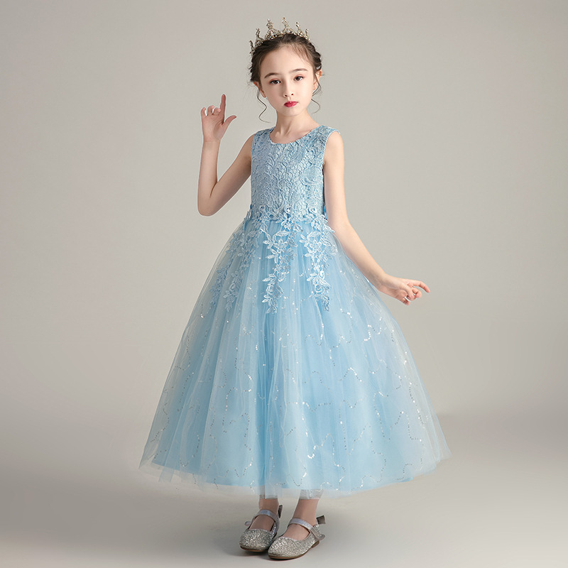 Hot Selling Summer Girls' Lace Princess Dress Puffy Flower Girl Wedding & Performance Gown with Kids Crown Accessory Elegant Versatile Outfit for Big Kids 3-12 Years