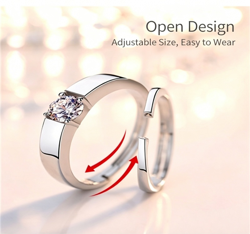 High-end Wedding Couple Open Band Rings 1 Carat Cubic Zirconia & Simulated Moissanite Six-Prong Adjustable Silver Promise Ring for Women