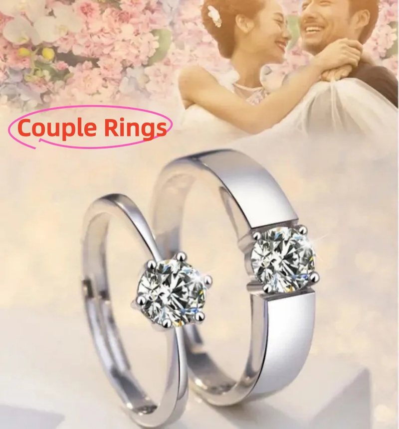High-end Wedding Couple Open Band Rings 1 Carat Cubic Zirconia & Simulated Moissanite Six-Prong Adjustable Silver Promise Ring for Women