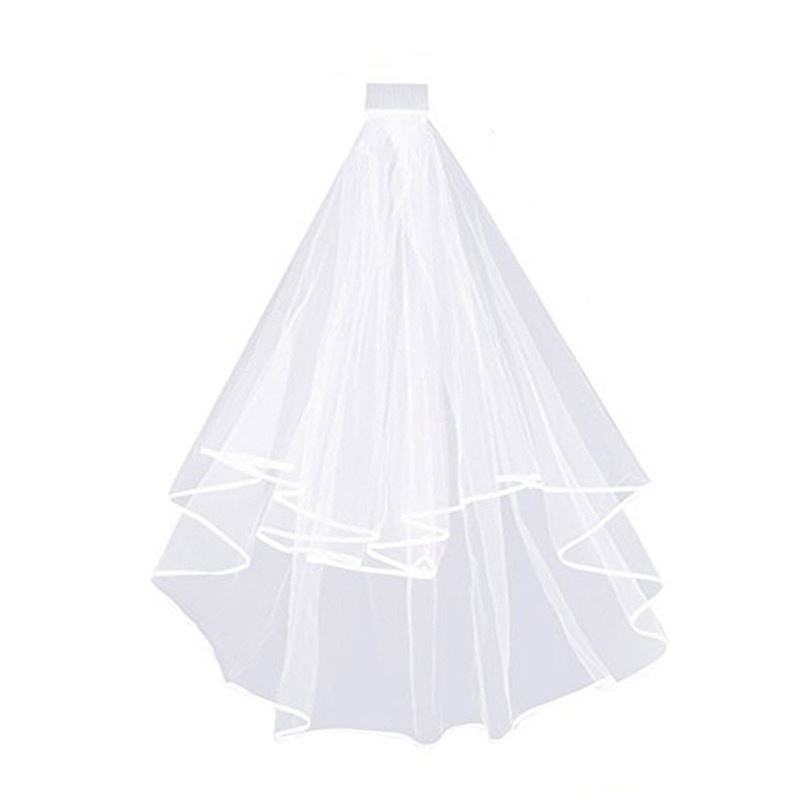 Trendy Western Double Layer Bridal Veil Ribbon Wrapped Edge Wedding Headpiece Elegant Accessory for Marriage Registry Ceremony & Photo Shooting