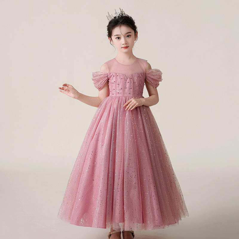 High Level High-end Sparkly Tulle Flower Girl Dress – Luxury Wedding Gown for Girls with FREE Tiara Crown Shiny Sequin Maxi Dress for Kids Party & Performance Free Crown Gift Included