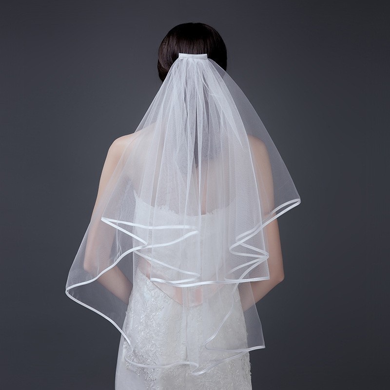 Trendy Western Double Layer Bridal Veil Ribbon Wrapped Edge Wedding Headpiece Elegant Accessory for Marriage Registry Ceremony & Photo Shooting