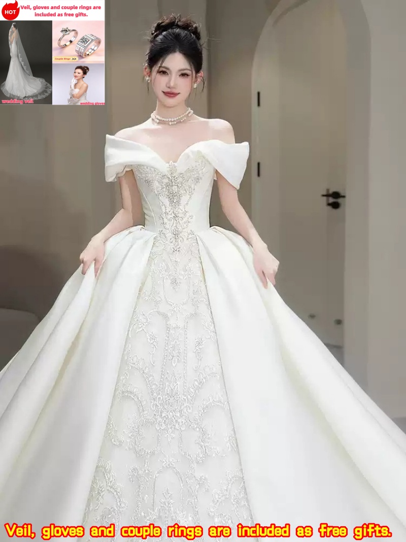 Luxur New French Style Plus Size Satin Wedding Dress Off-Shoulder Luxury Main Gown with Heavy Rhinestones Classic High-Quality Design for Petite Brides Elegant  Gentle Free Veil Gloves  Couple Rings