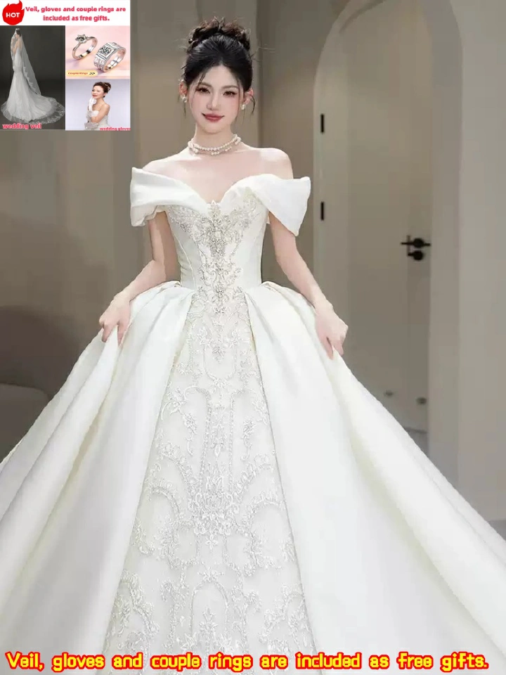 Luxur New French Style Plus Size Satin Wedding Dress Off-Shoulder Luxury Main Gown with Heavy Rhinestones Classic High-Quality Design for Petite Brides Elegant  Gentle Free Veil Gloves  Couple Rings
