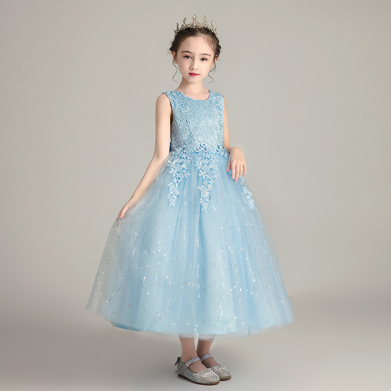 Hot Selling Summer Girls' Lace Princess Dress Puffy Flower Girl Wedding & Performance Gown with Kids Crown Accessory Elegant Versatile Outfit for Big Kids 3-12 Years