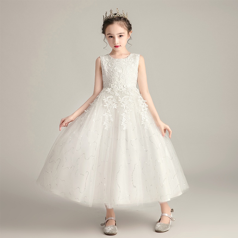 Hot Selling Summer Girls' Lace Princess Dress Puffy Flower Girl Wedding & Performance Gown with Kids Crown Accessory Elegant Versatile Outfit for Big Kids 3-12 Years