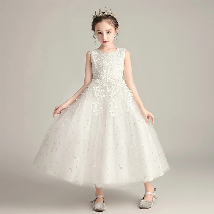 Hot Selling Summer Girls' Lace Princess Dress Puffy Flower Girl Wedding & Performance Gown with Kids Crown Accessory Elegant Versatile Outfit for Big Kids 3-12 Years