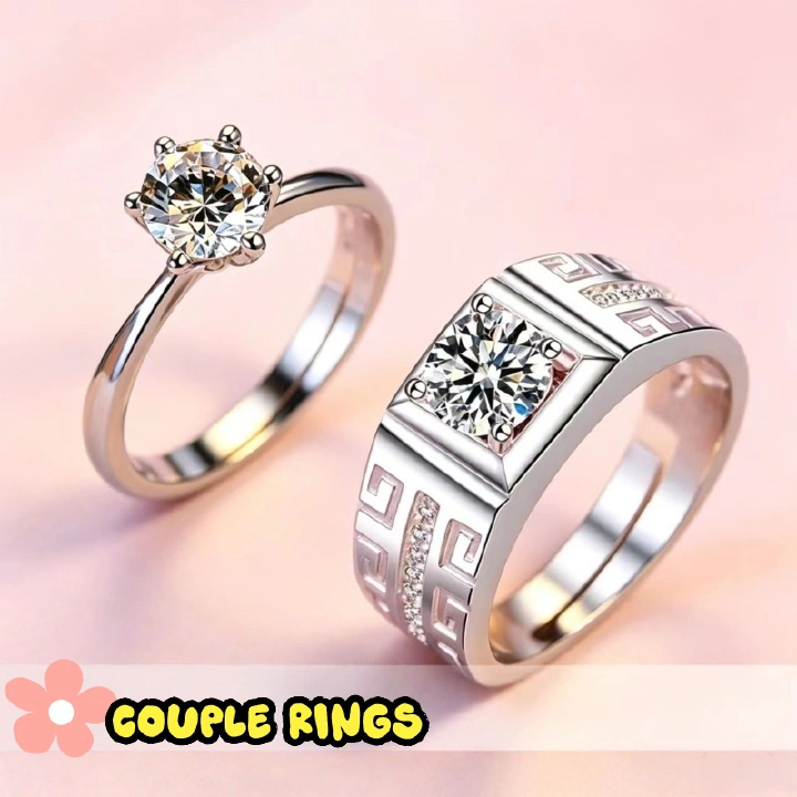 High-end Wedding Couple Open Band Rings 1 Carat Cubic Zirconia & Simulated Moissanite Six-Prong Adjustable Silver Promise Ring for Women