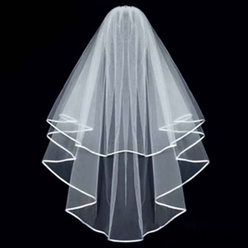 Trendy Western Double Layer Bridal Veil Ribbon Wrapped Edge Wedding Headpiece Elegant Accessory for Marriage Registry Ceremony & Photo Shooting