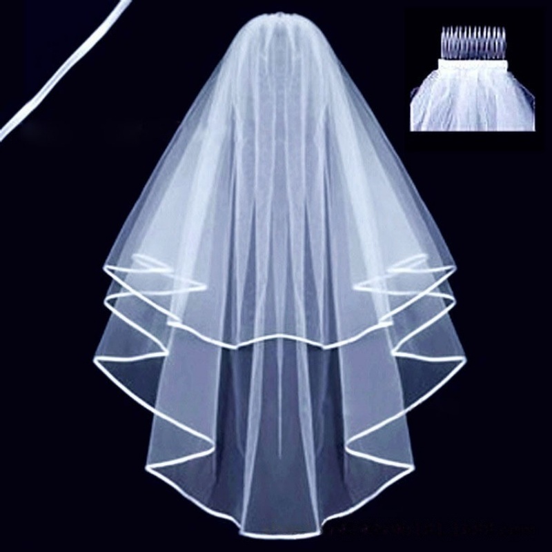 Trendy Western Double Layer Bridal Veil Ribbon Wrapped Edge Wedding Headpiece Elegant Accessory for Marriage Registry Ceremony & Photo Shooting