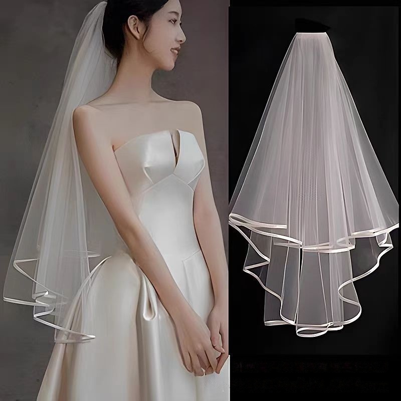 Trendy Western Double Layer Bridal Veil Ribbon Wrapped Edge Wedding Headpiece Elegant Accessory for Marriage Registry Ceremony & Photo Shooting