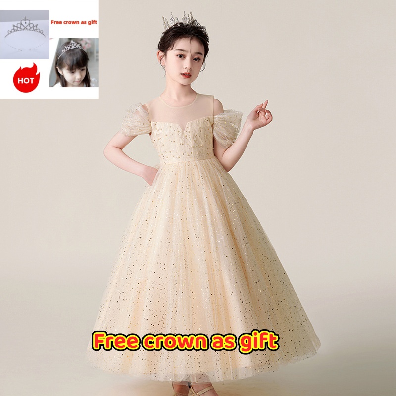 High Level High-end Sparkly Tulle Flower Girl Dress – Luxury Wedding Gown for Girls with FREE Tiara Crown Shiny Sequin Maxi Dress for Kids Party & Performance Free Crown Gift Included