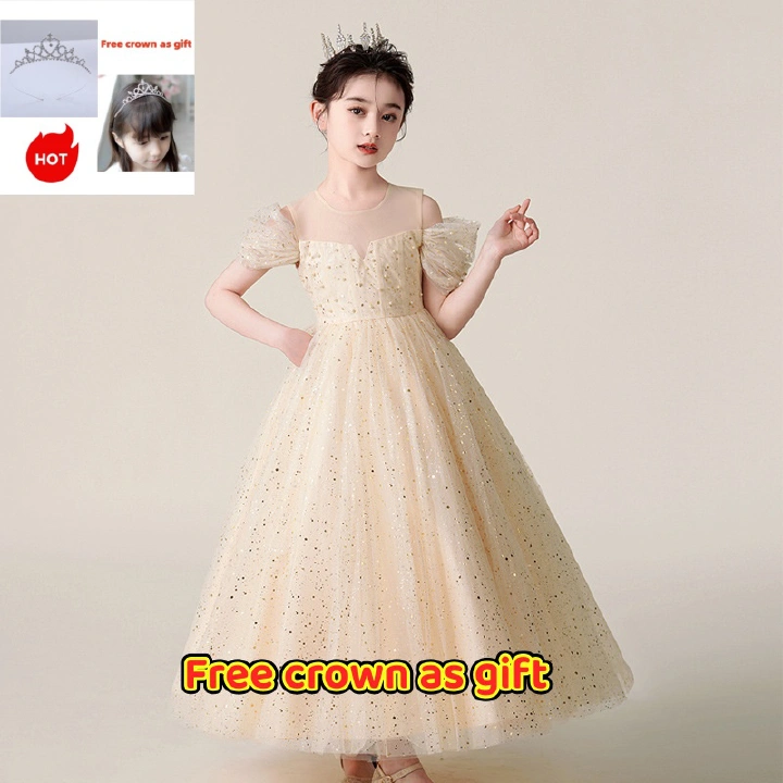 High Level High-end Sparkly Tulle Flower Girl Dress – Luxury Wedding Gown for Girls with FREE Tiara Crown Shiny Sequin Maxi Dress for Kids Party & Performance Free Crown Gift Included