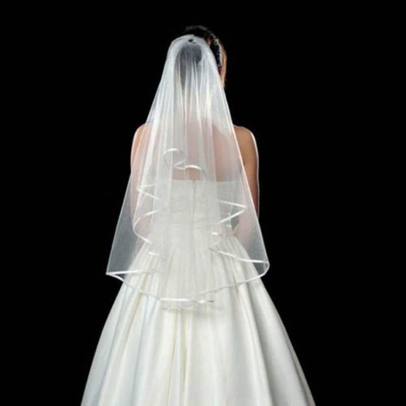 Trendy Western Double Layer Bridal Veil Ribbon Wrapped Edge Wedding Headpiece Elegant Accessory for Marriage Registry Ceremony & Photo Shooting