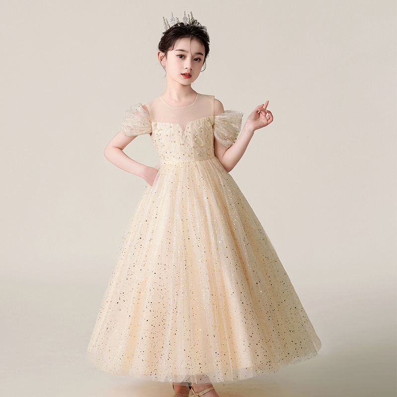High Level High-end Sparkly Tulle Flower Girl Dress – Luxury Wedding Gown for Girls with FREE Tiara Crown Shiny Sequin Maxi Dress for Kids Party & Performance Free Crown Gift Included