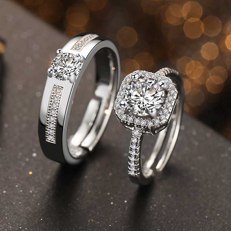 Bestseller Fashion Luxury Wedding Open Couple Rings 1CT Moissanite Simulant Cubic Zirconia 6-Prong Adjustable Silver Promise Matching Rings for Women