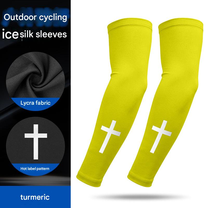 Summer outdoor UV protection arm sleeves, made of milk silk, quick-drying ice silk, with heat-pressed cross design, perfect for fishing and sun protection.